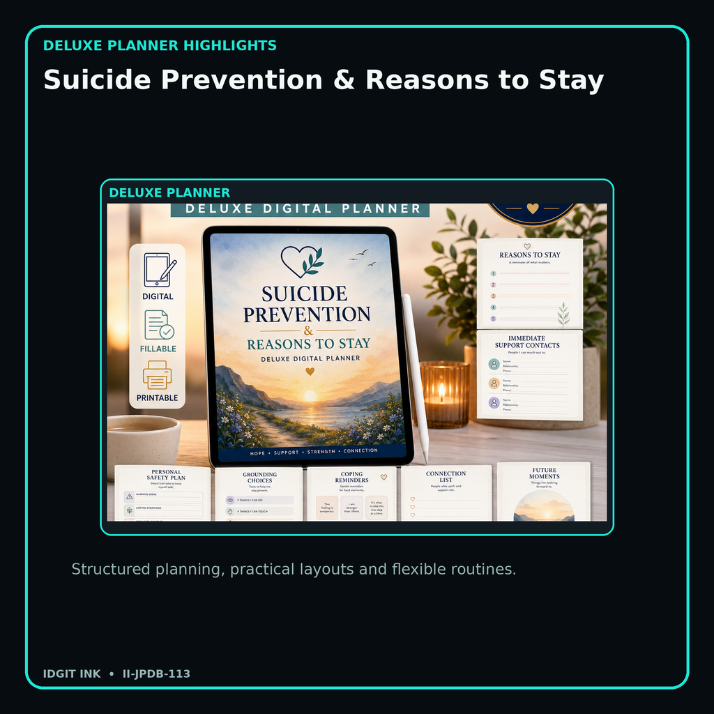 Suicide Prevention & Reasons to Stay deluxe digital planner features and flexible organization