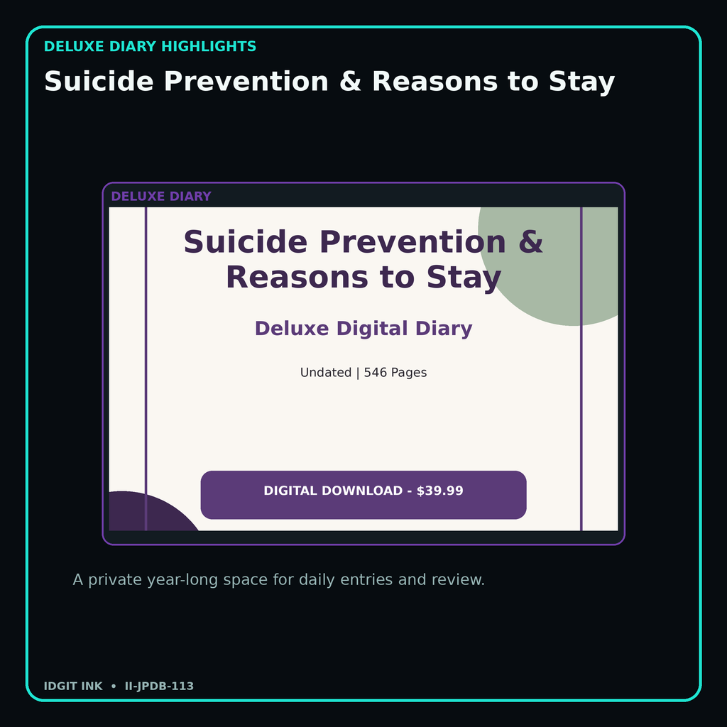 Suicide Prevention & Reasons to Stay deluxe digital diary features and undated daily entries