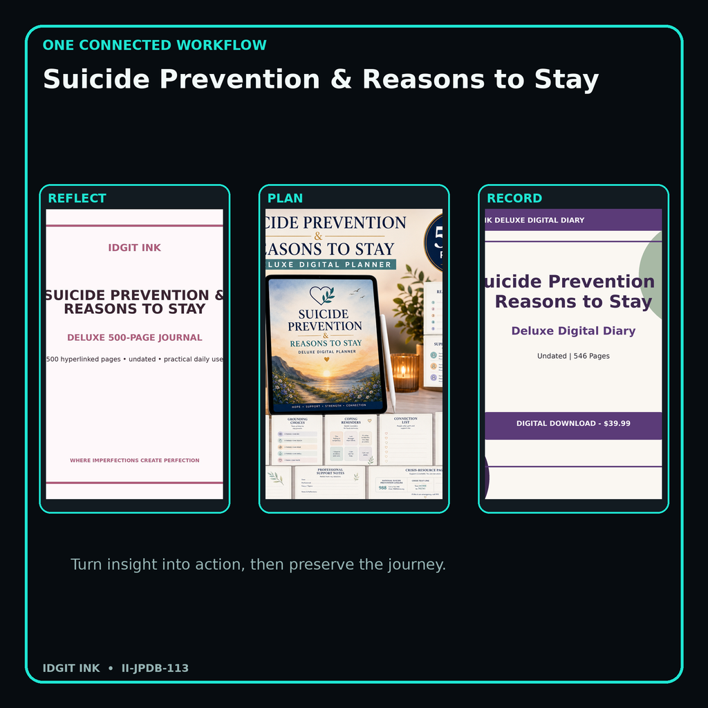 Suicide Prevention & Reasons to Stay connected journal planner diary workflow and customer benefits