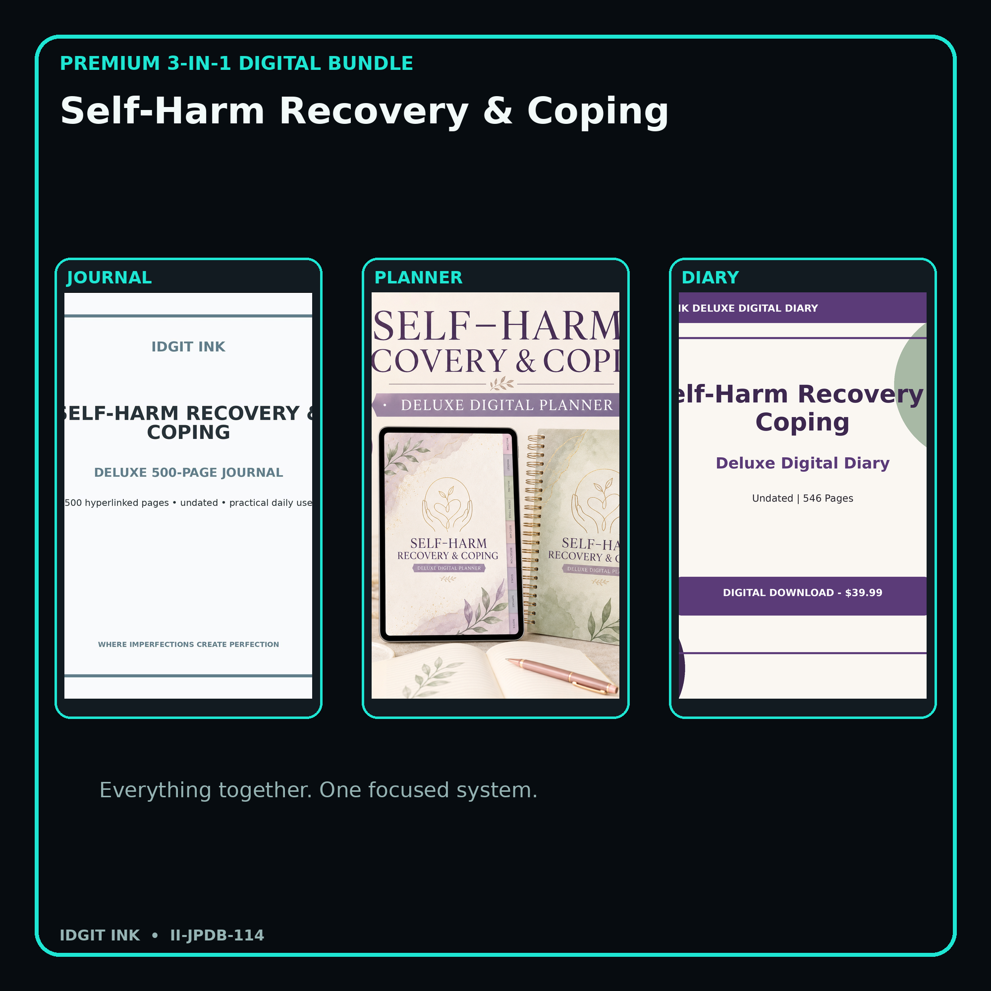Self-Harm Recovery & Coping premium digital journal planner and diary bundle cover