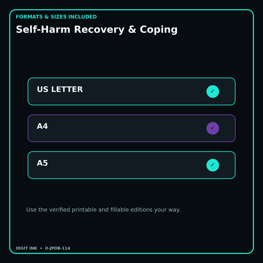 Self-Harm Recovery & Coping digital bundle formats in US Letter A4 and A5
