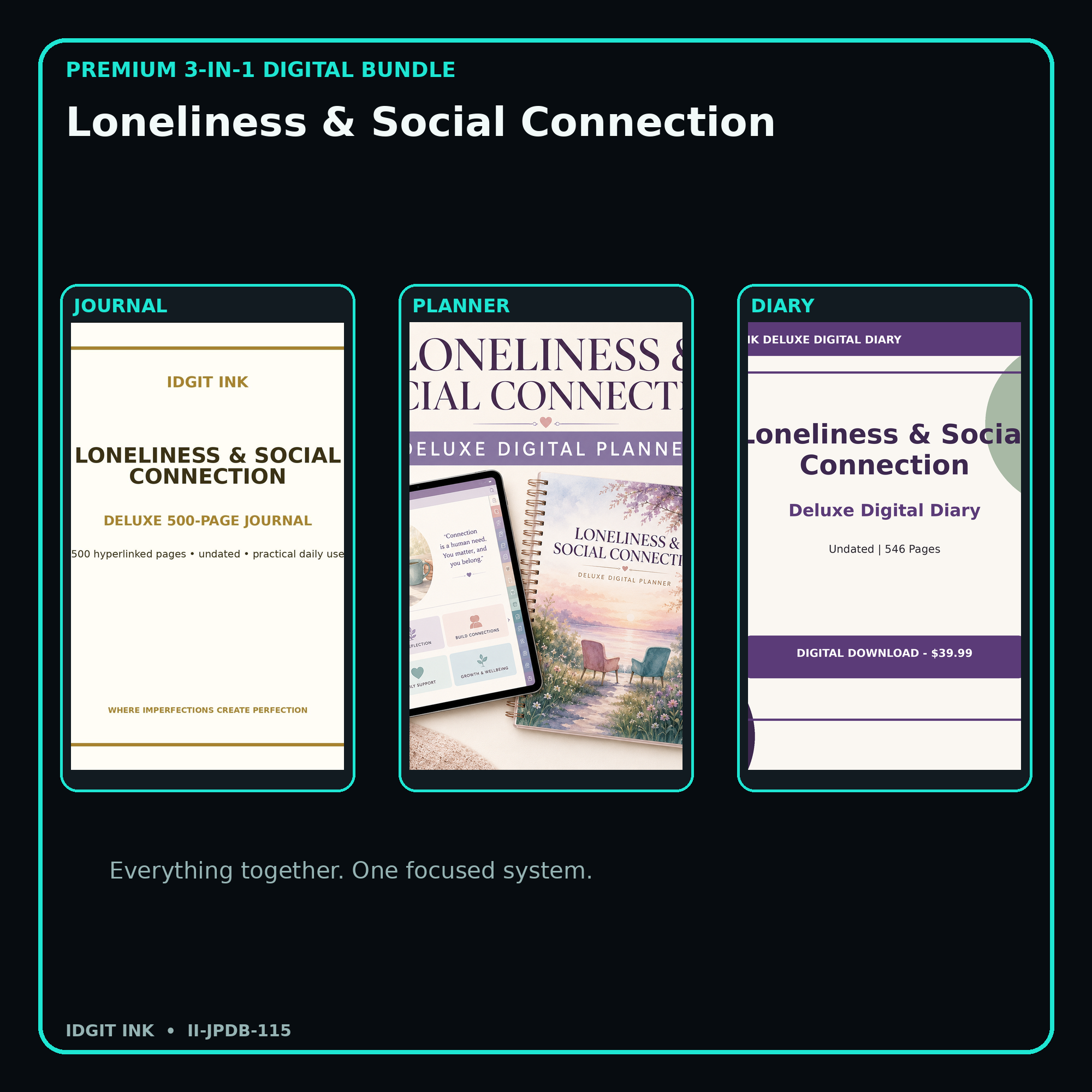 Loneliness & Social Connection premium digital journal planner and diary bundle cover