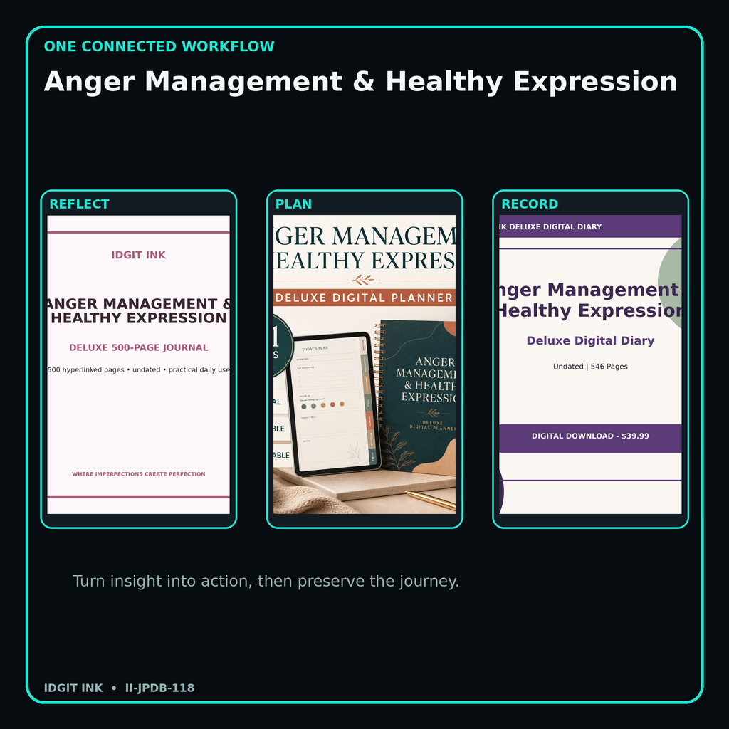 Anger Management & Healthy Expression connected journal planner diary workflow and customer benefits