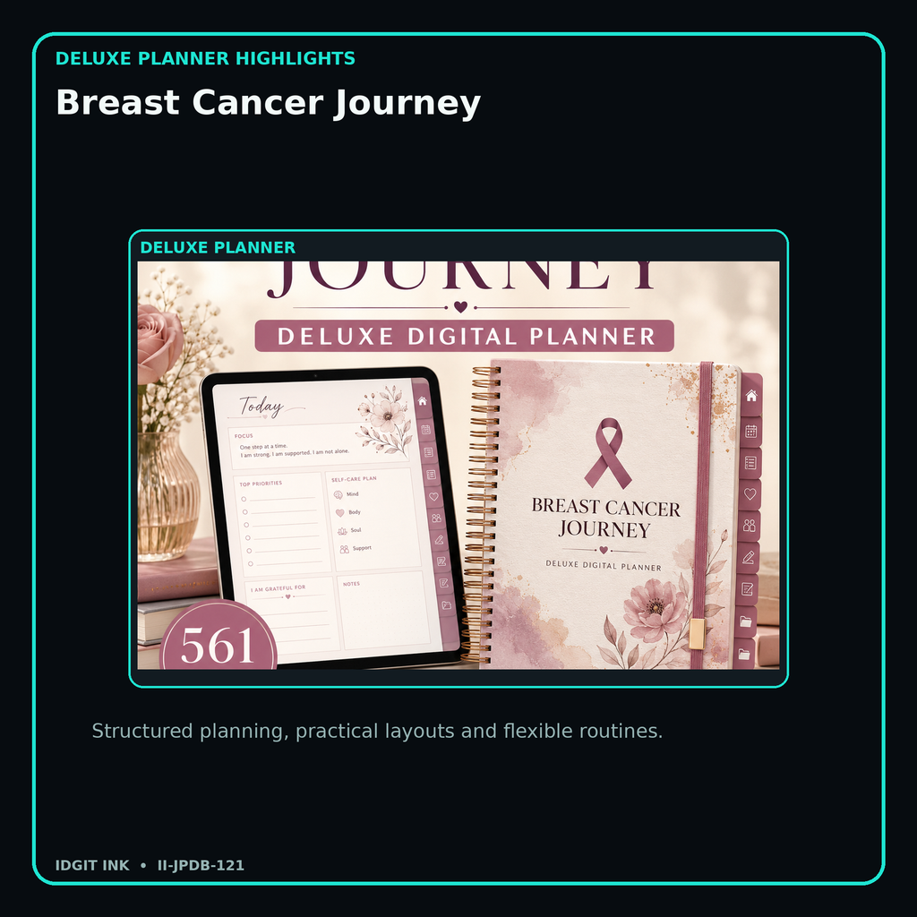 Breast Cancer Journey deluxe digital planner features and flexible organization
