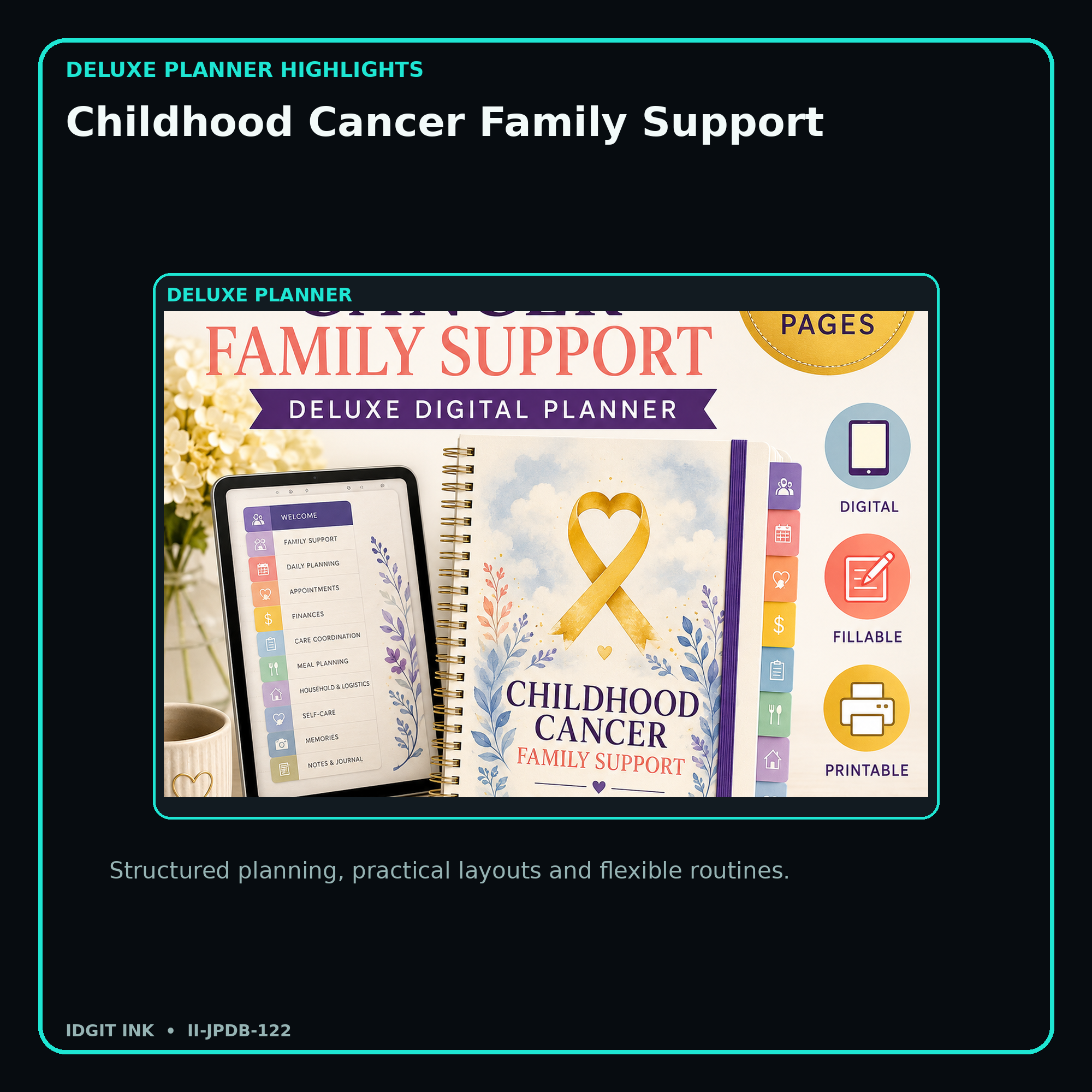 Childhood Cancer Family Support deluxe digital planner features and flexible organization