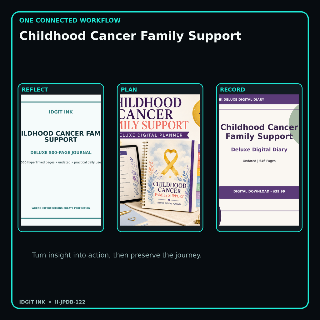 Childhood Cancer Family Support connected journal planner diary workflow and customer benefits