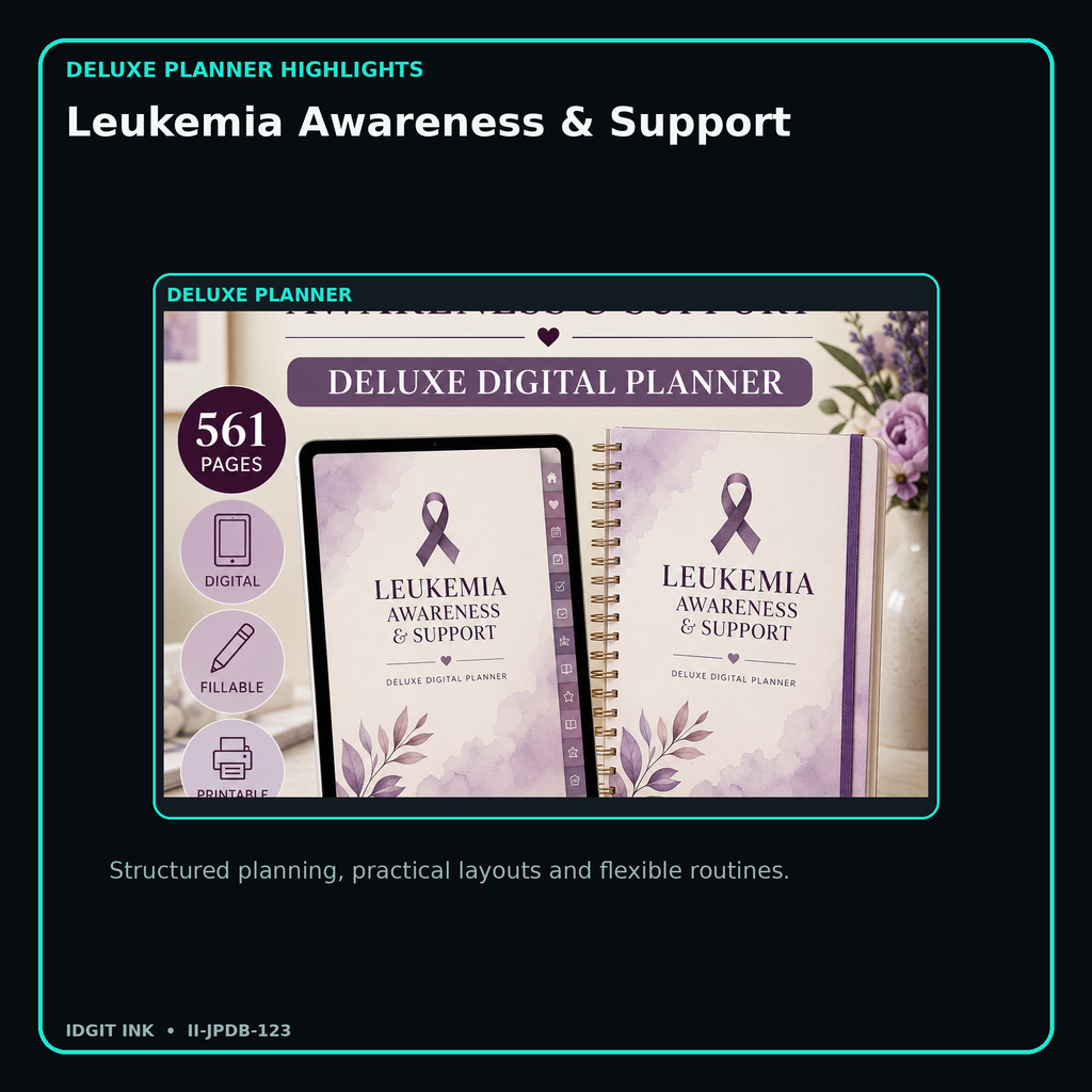 Leukemia Awareness & Support deluxe digital planner features and flexible organization