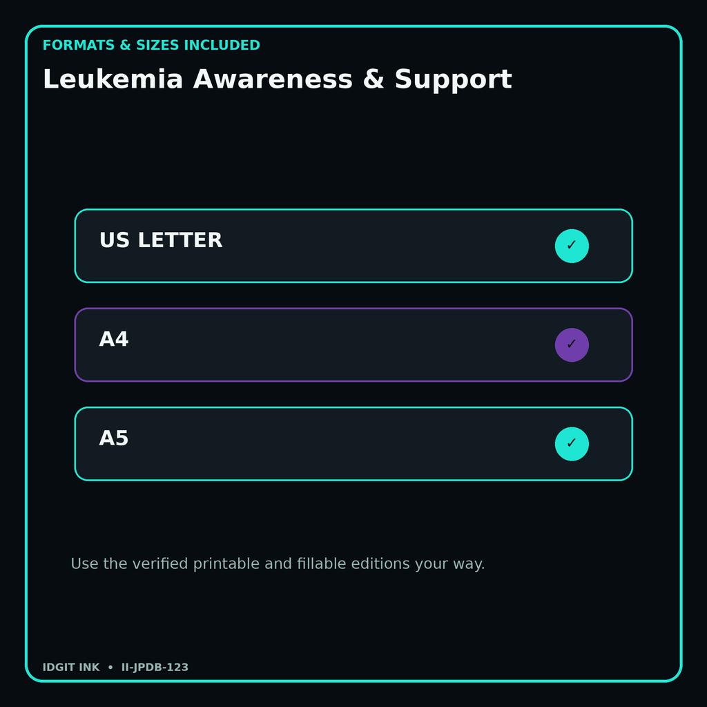 Leukemia Awareness & Support digital bundle formats in US Letter A4 and A5