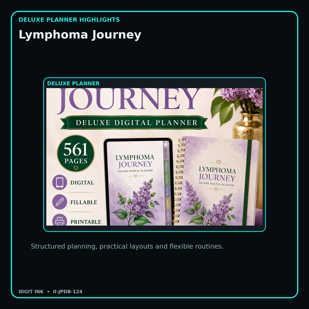Lymphoma Journey deluxe digital planner features and flexible organization