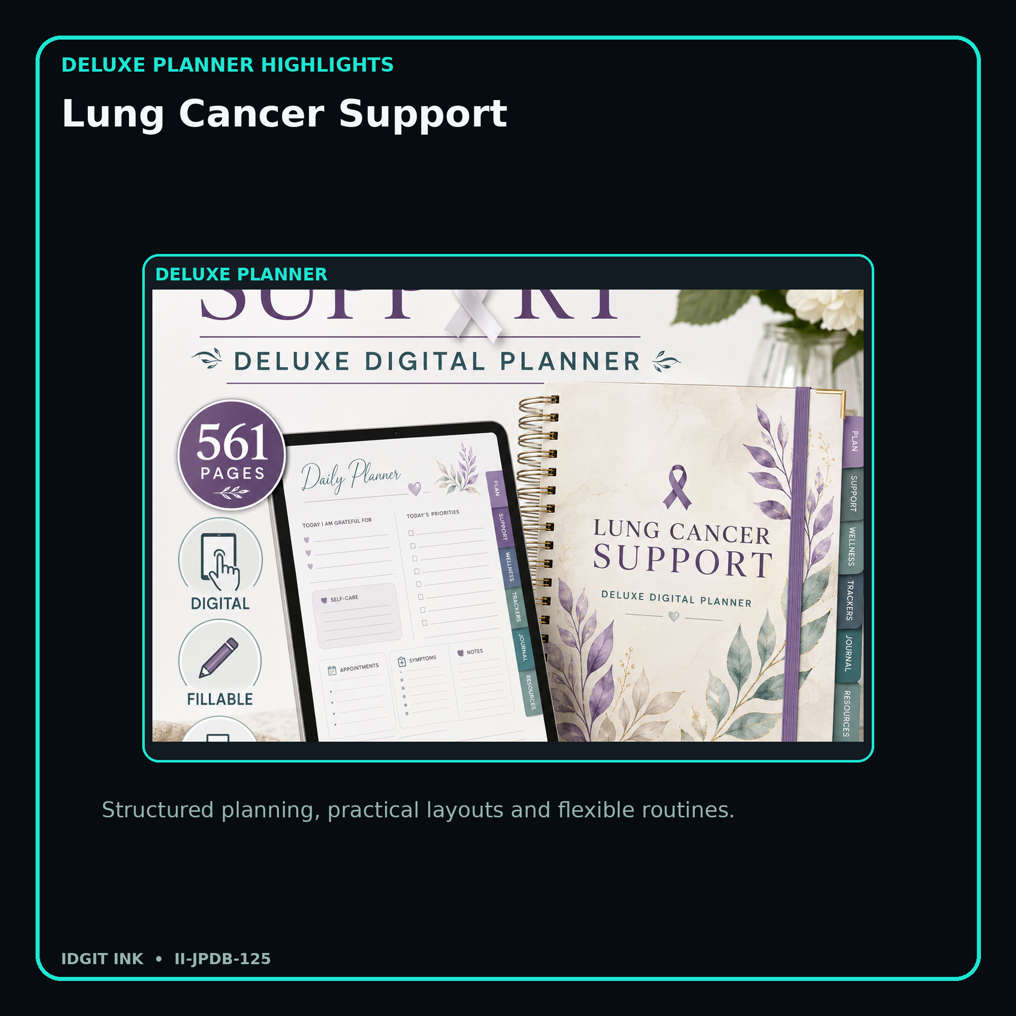 Lung Cancer Support deluxe digital planner features and flexible organization