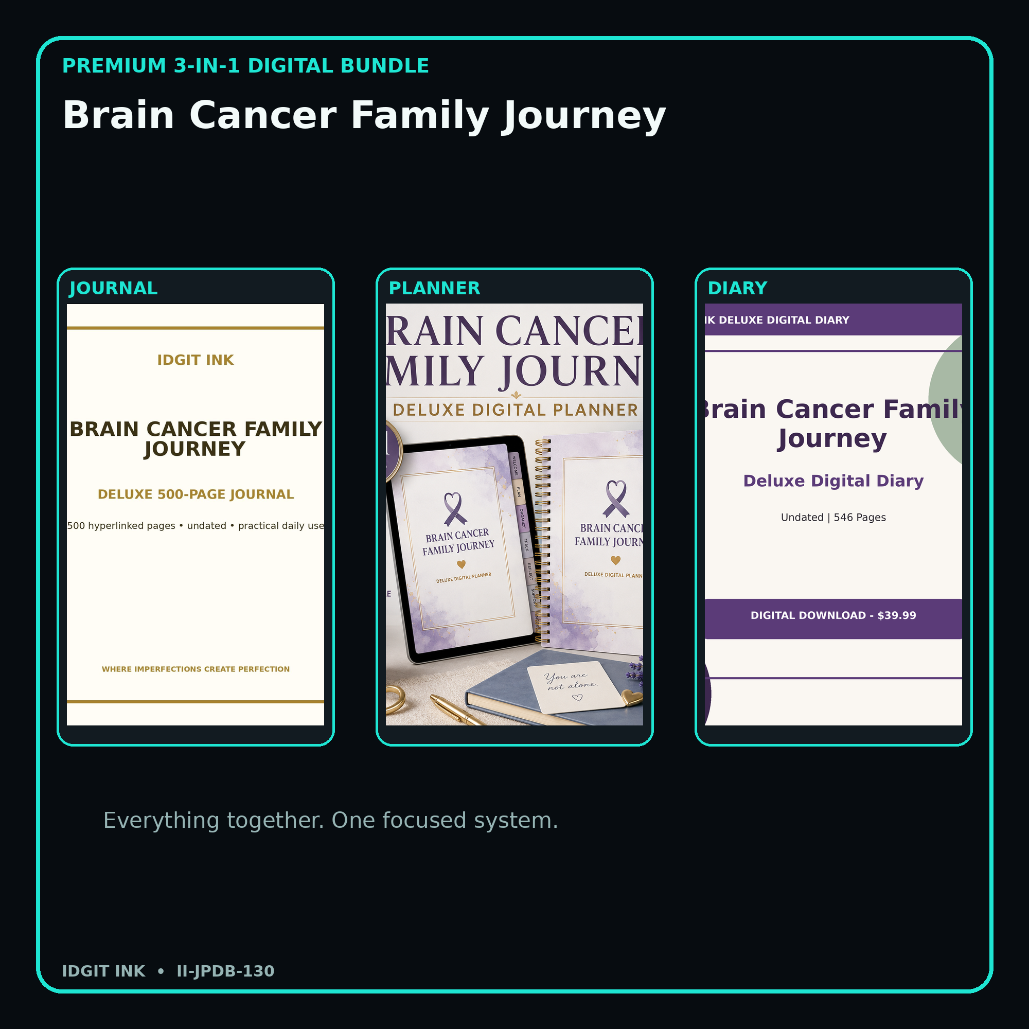 Brain Cancer Family Journey premium digital journal planner and diary bundle cover