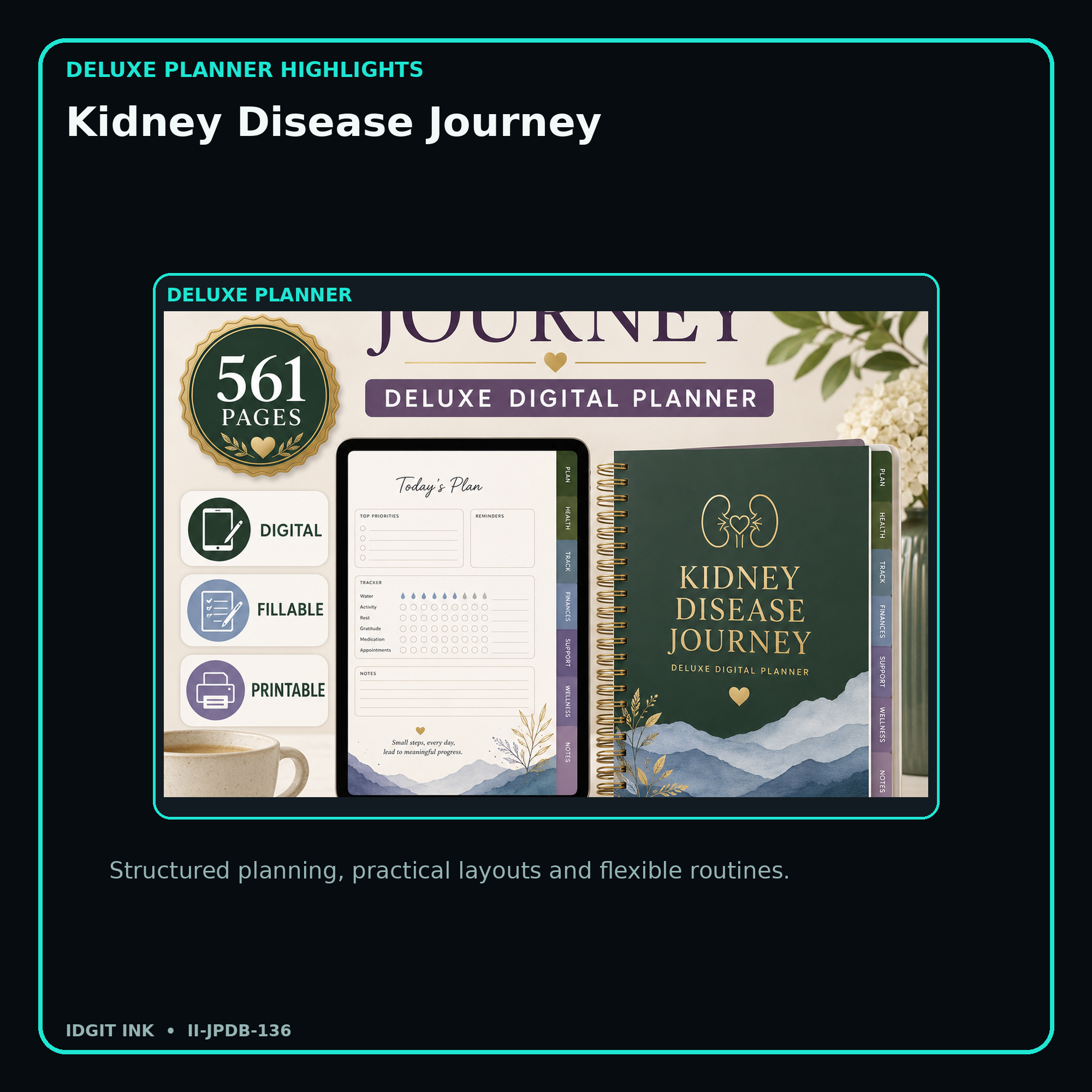 Kidney Disease Journey deluxe digital planner features and flexible organization
