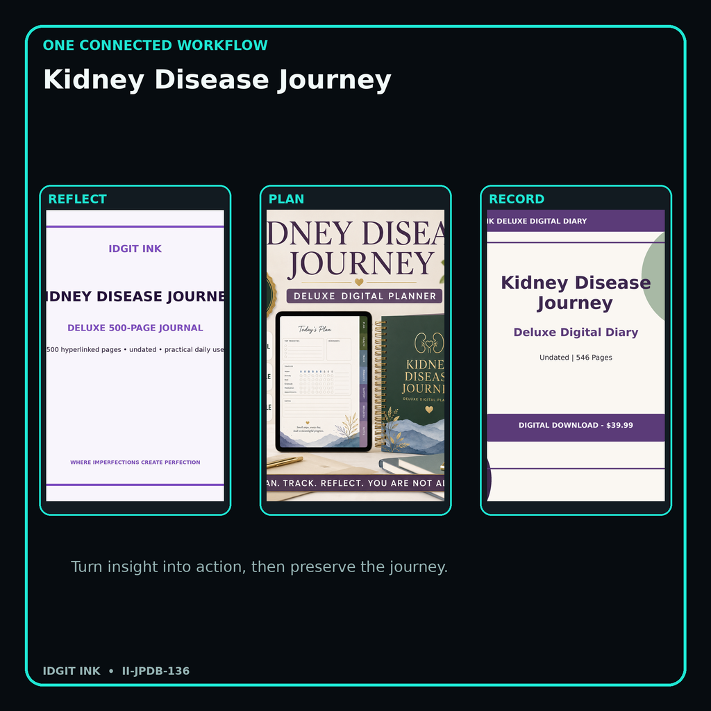 Kidney Disease Journey connected journal planner diary workflow and customer benefits