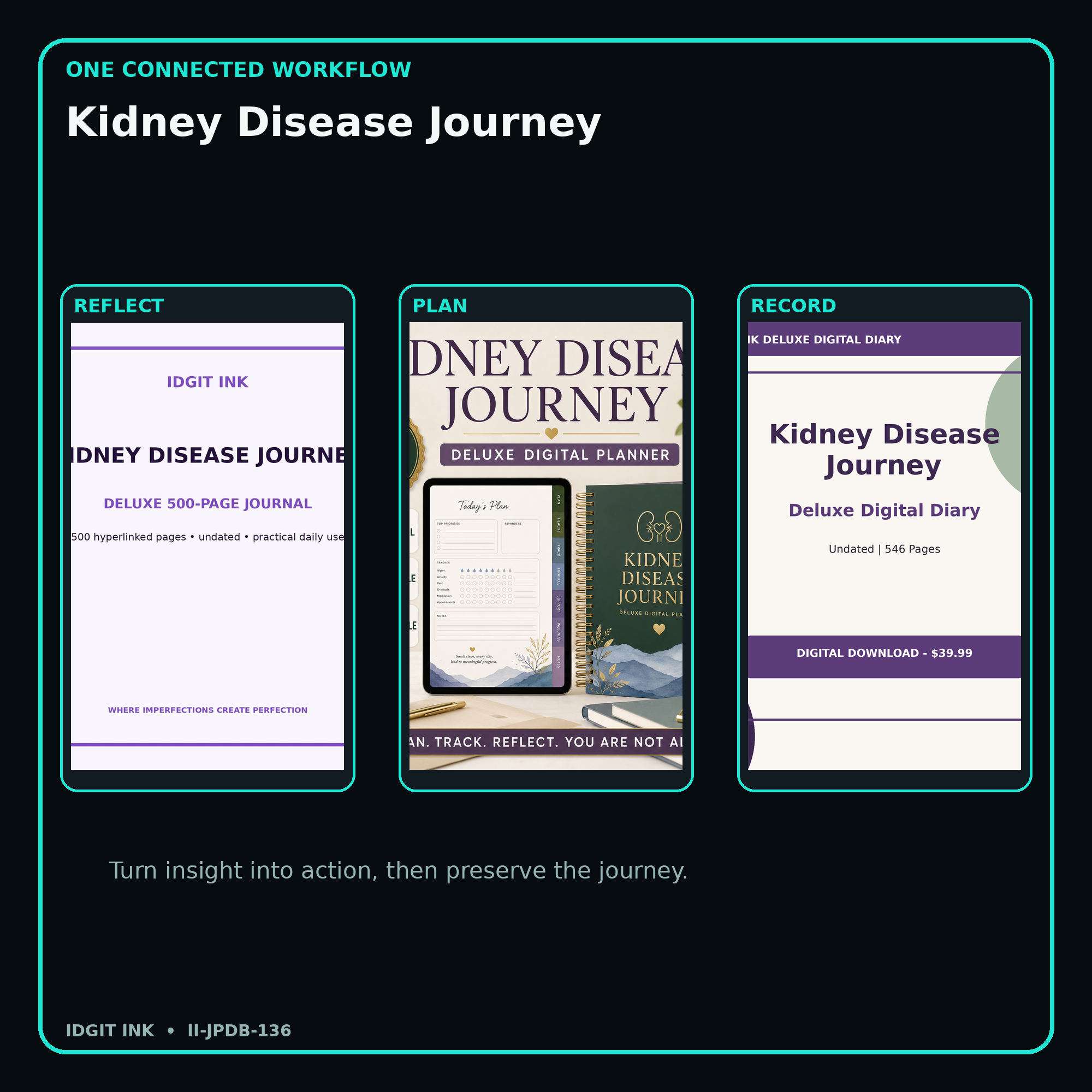 Kidney Disease Journey connected journal planner diary workflow and customer benefits