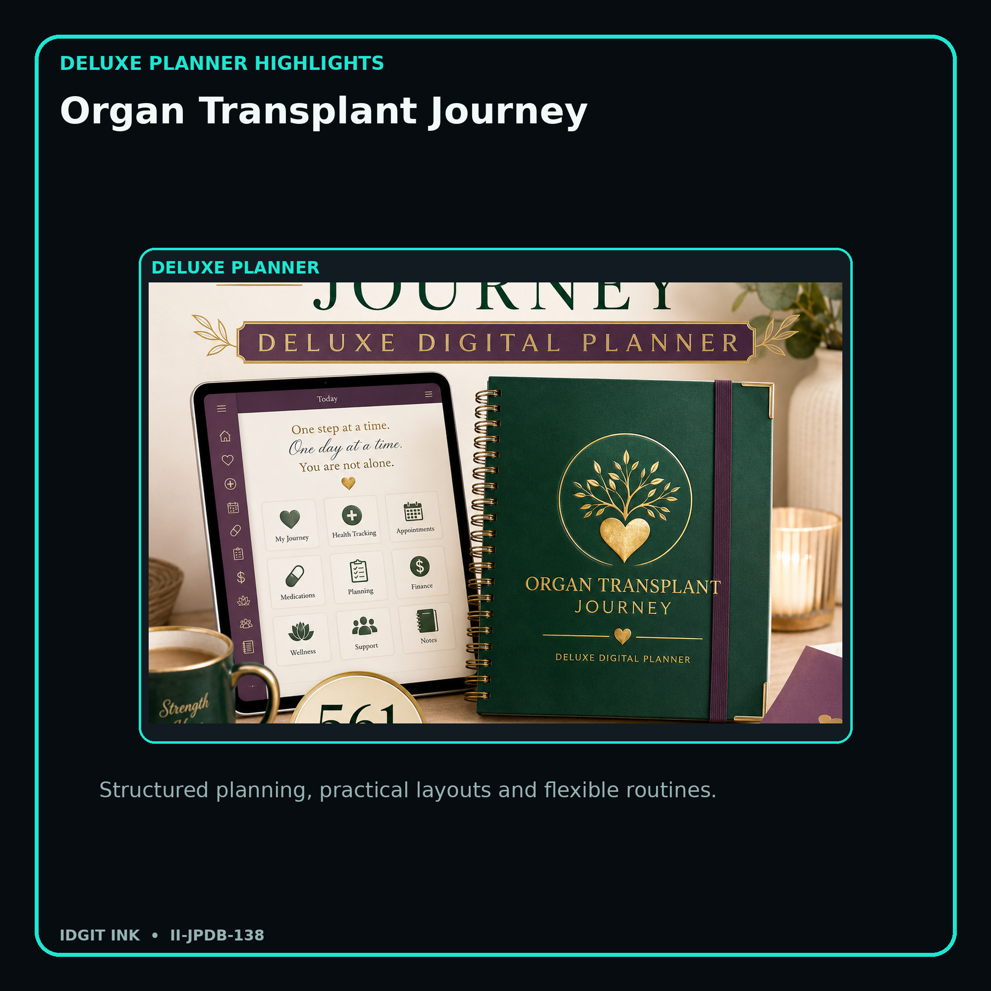 Organ Transplant Journey deluxe digital planner features and flexible organization
