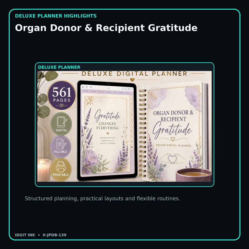 Organ Donor & Recipient Gratitude deluxe digital planner features and flexible organization