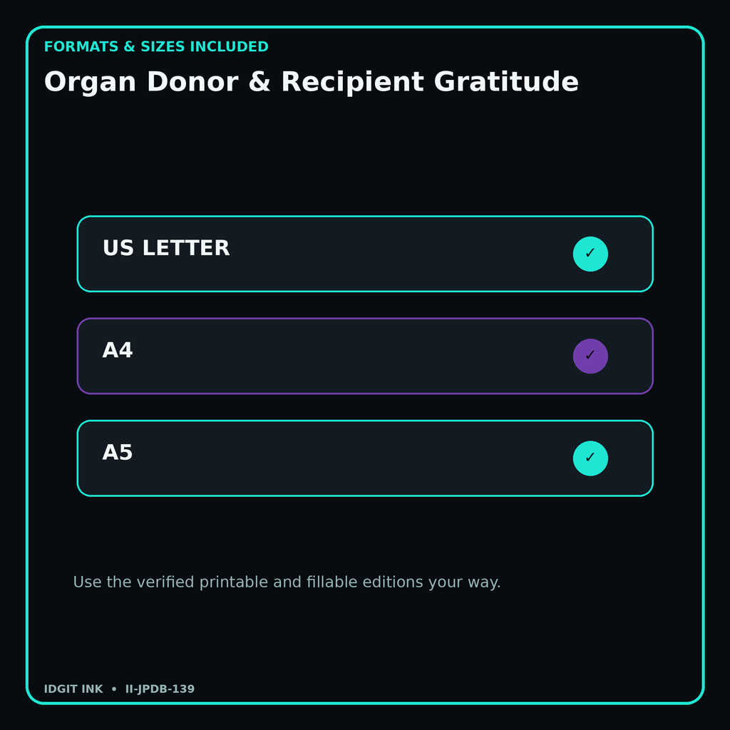 Organ Donor & Recipient Gratitude digital bundle formats in US Letter A4 and A5