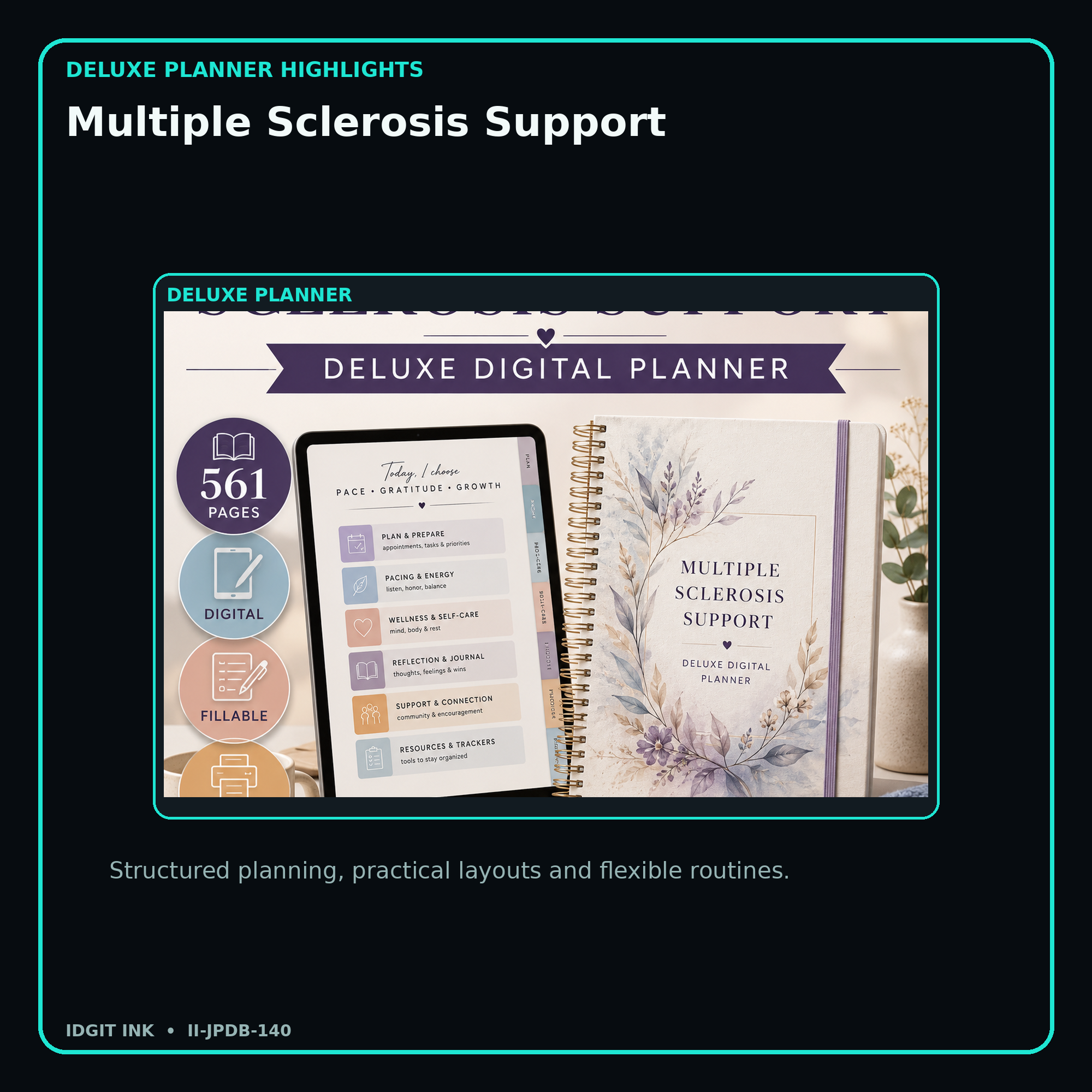 Multiple Sclerosis Support deluxe digital planner features and flexible organization