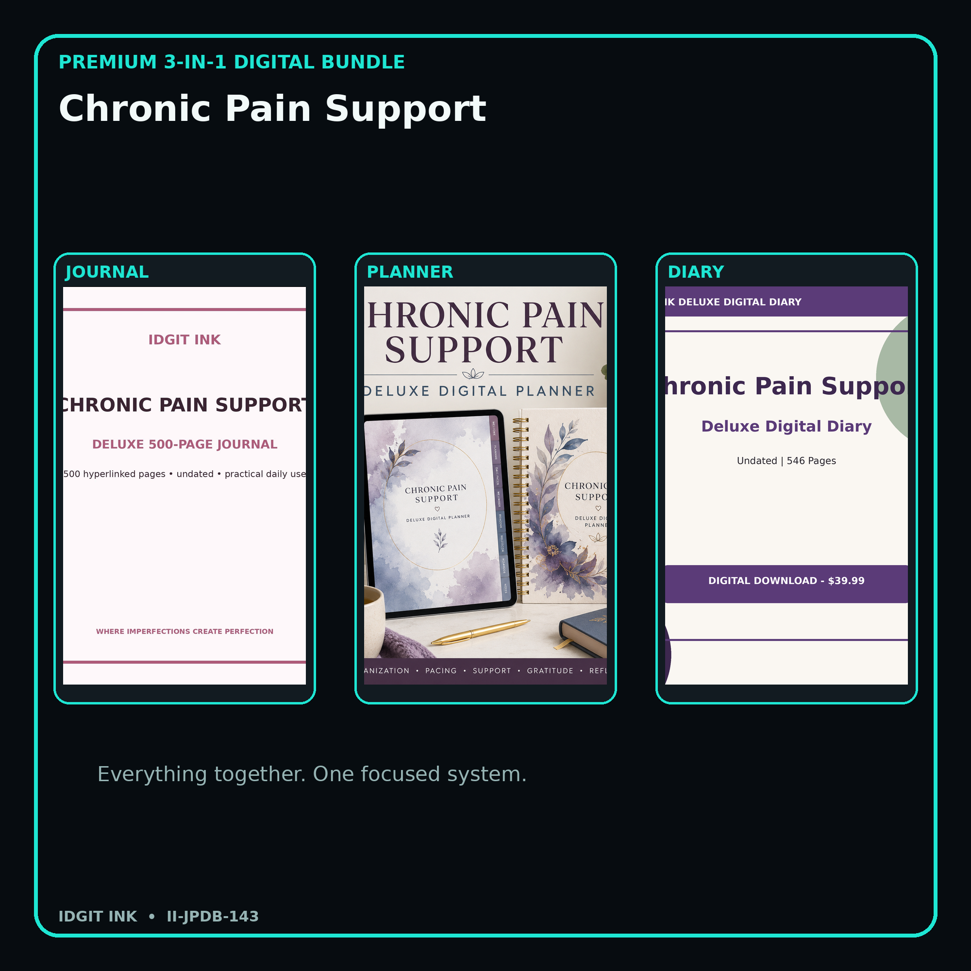 Chronic Pain Support premium digital journal planner and diary bundle cover