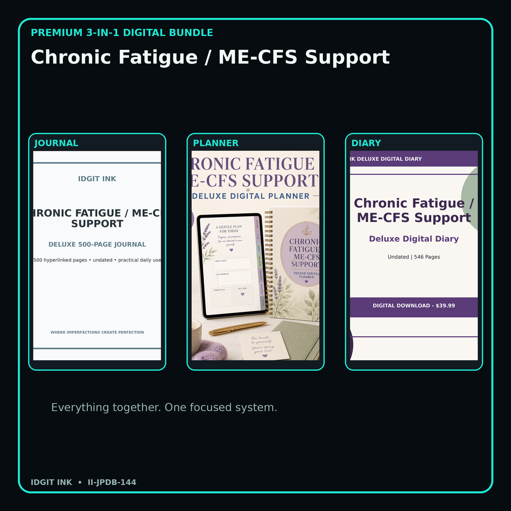 Chronic Fatigue / ME-CFS Support premium digital journal planner and diary bundle cover