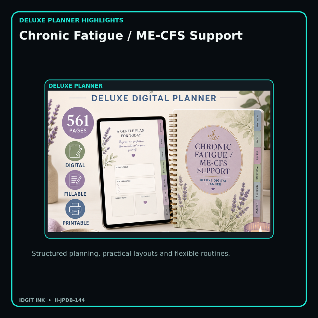 Chronic Fatigue / ME-CFS Support deluxe digital planner features and flexible organization