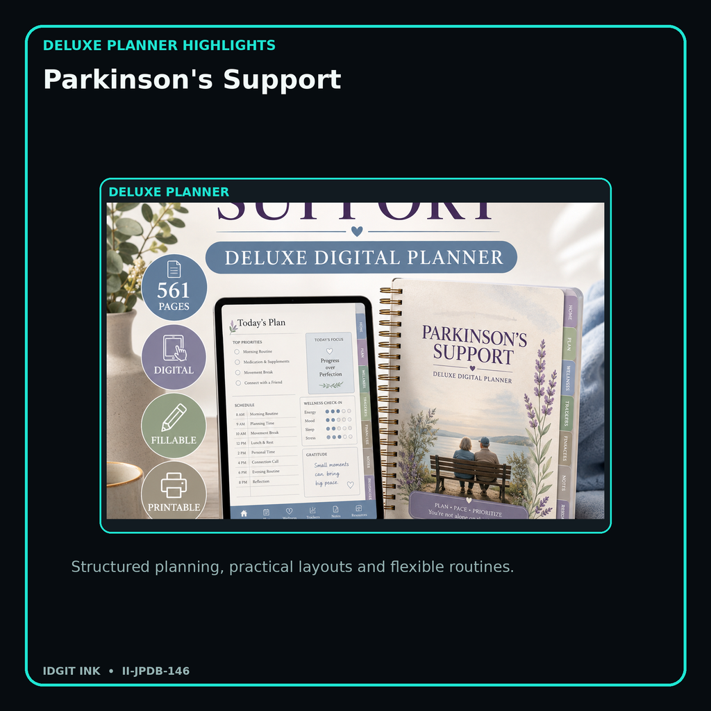 Parkinson's Support deluxe digital planner features and flexible organization