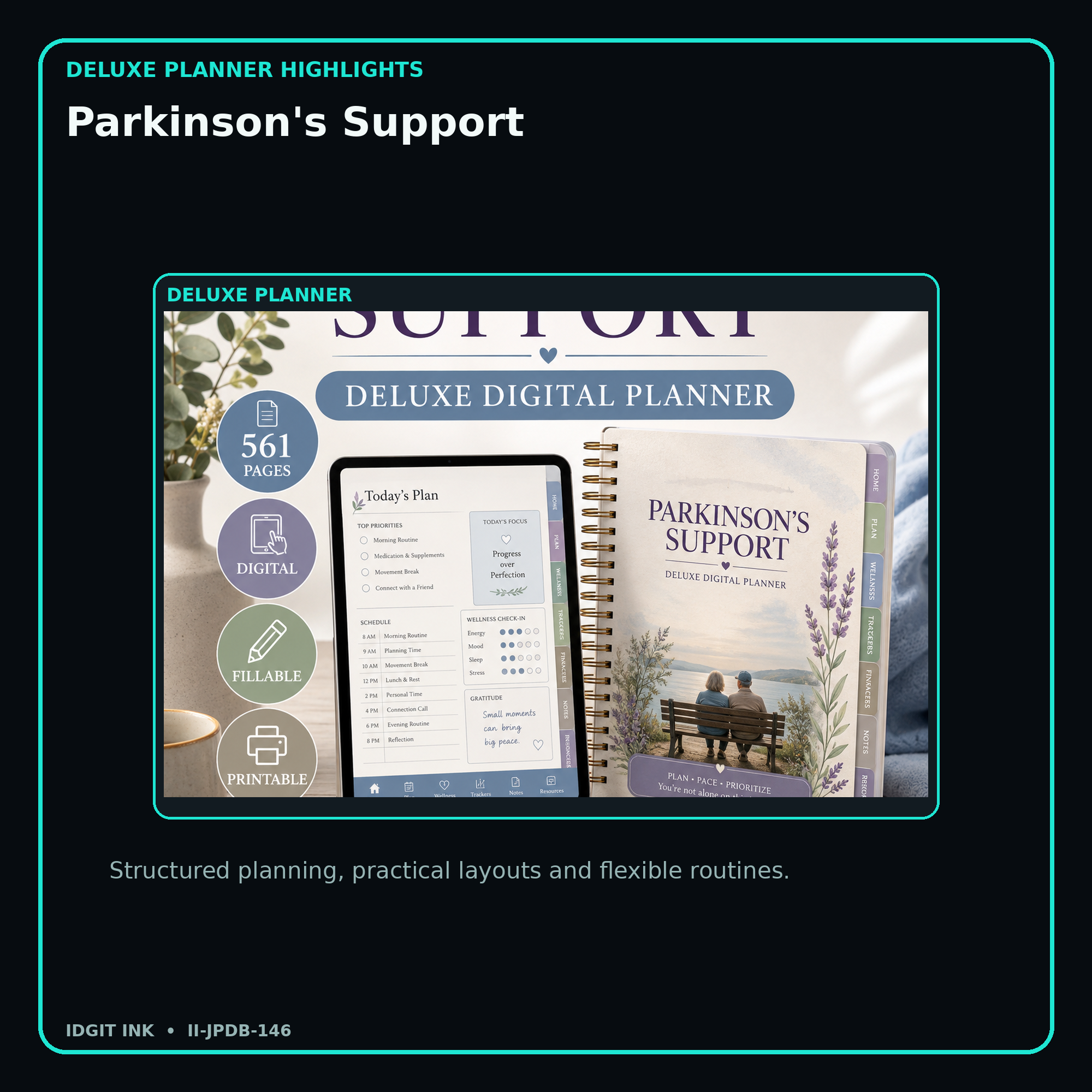 Parkinson's Support deluxe digital planner features and flexible organization