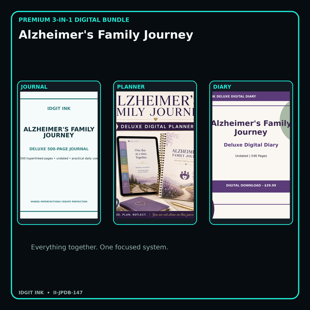 Alzheimer's Family Journey premium digital journal planner and diary bundle cover