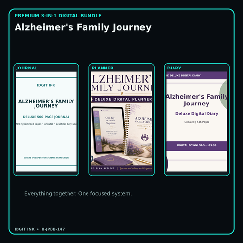 Alzheimer's Family Journey premium digital journal planner and diary bundle cover