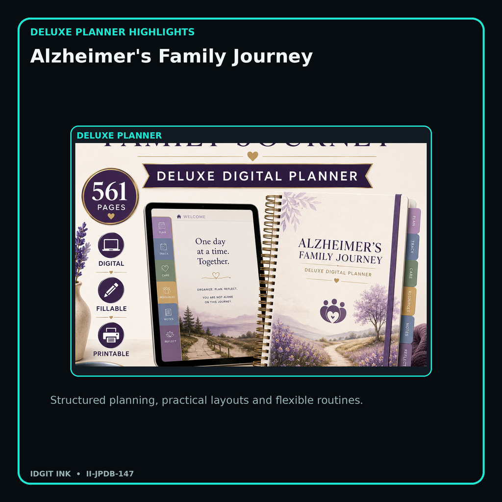 Alzheimer's Family Journey deluxe digital planner features and flexible organization