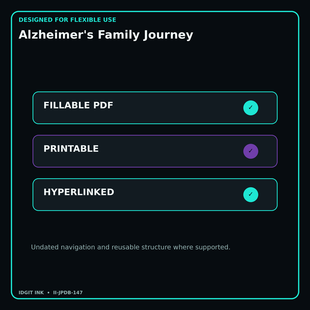 Alzheimer's Family Journey fillable printable and hyperlinked digital features