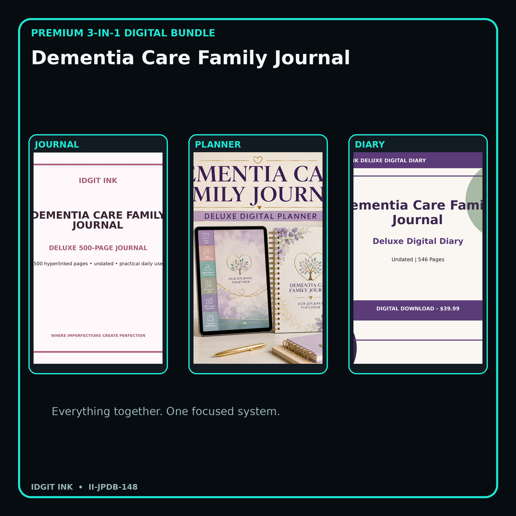 Dementia Care Family Journal premium digital journal planner and diary bundle cover