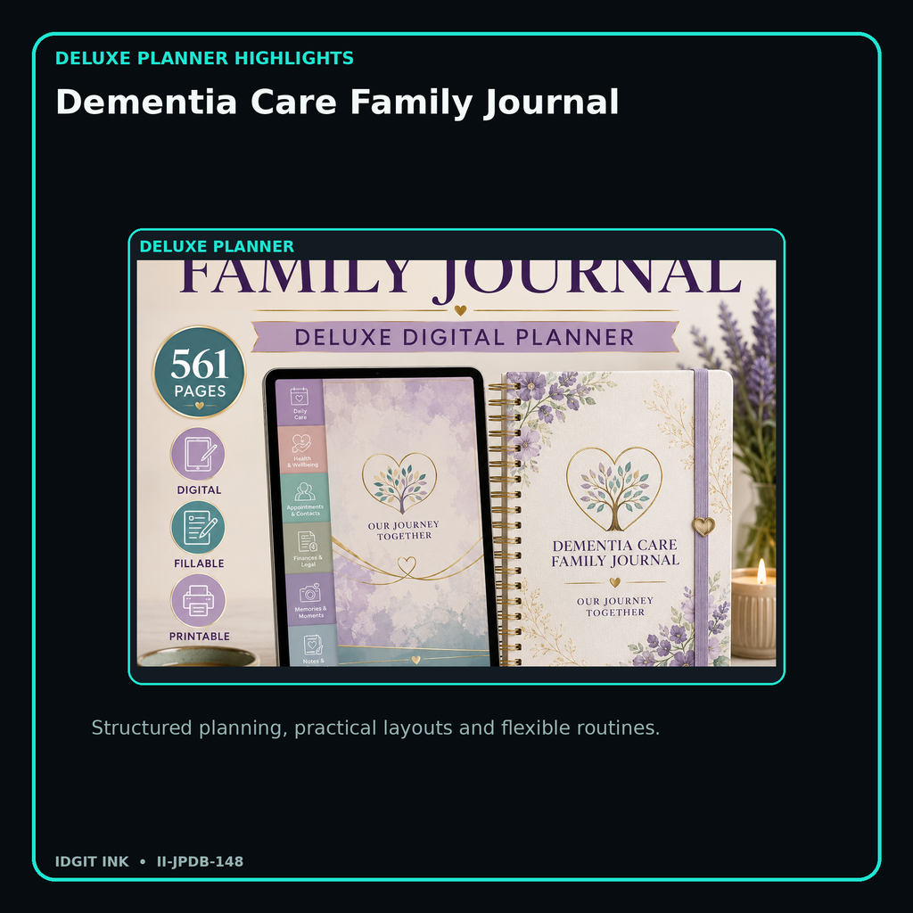 Dementia Care Family Journal deluxe digital planner features and flexible organization