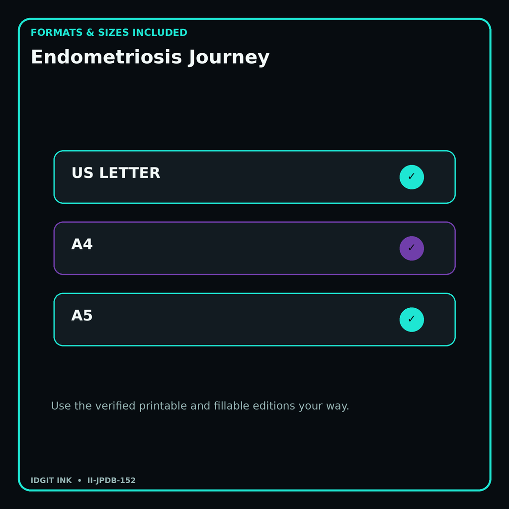 Endometriosis Journey digital bundle formats in US Letter A4 and A5