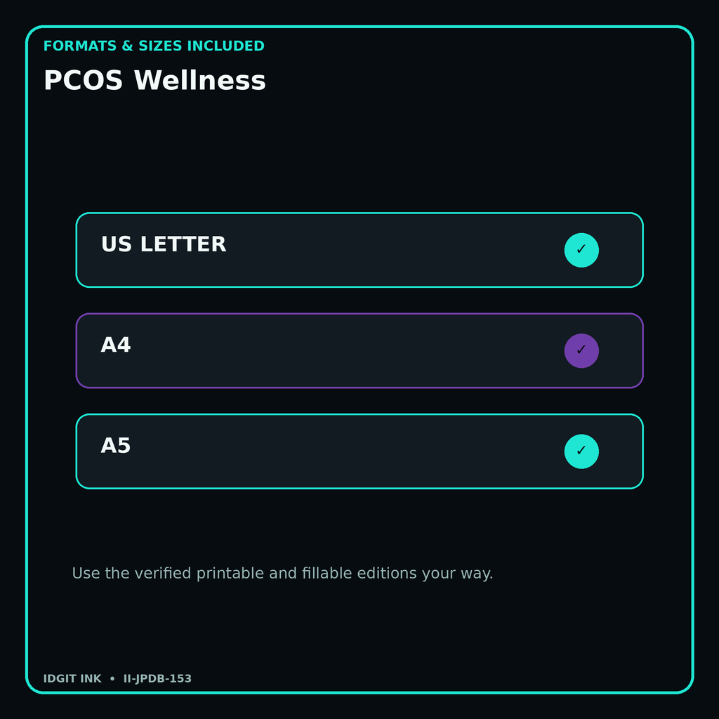 PCOS Wellness digital bundle formats in US Letter A4 and A5