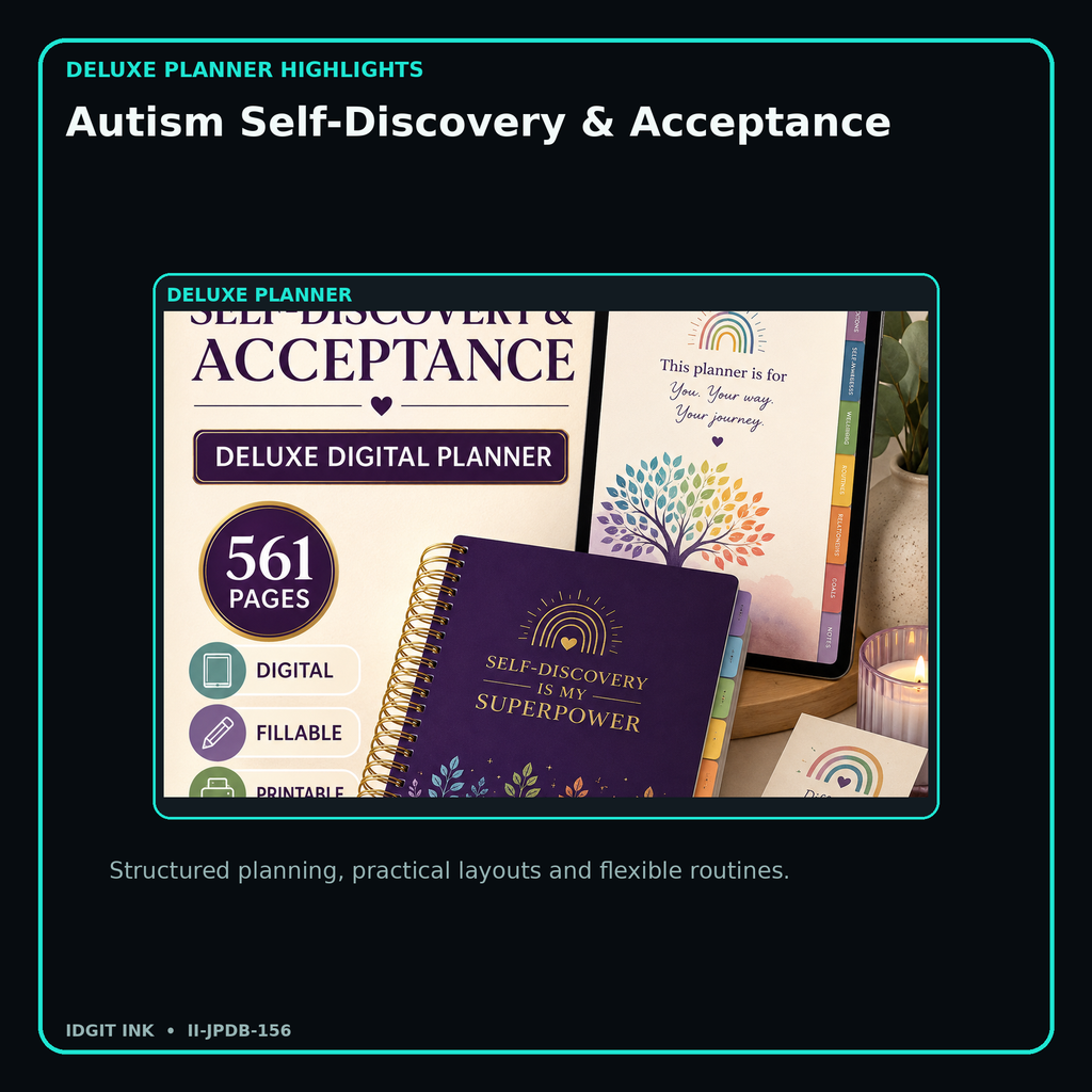 Autism Self-Discovery & Acceptance deluxe digital planner features and flexible organization