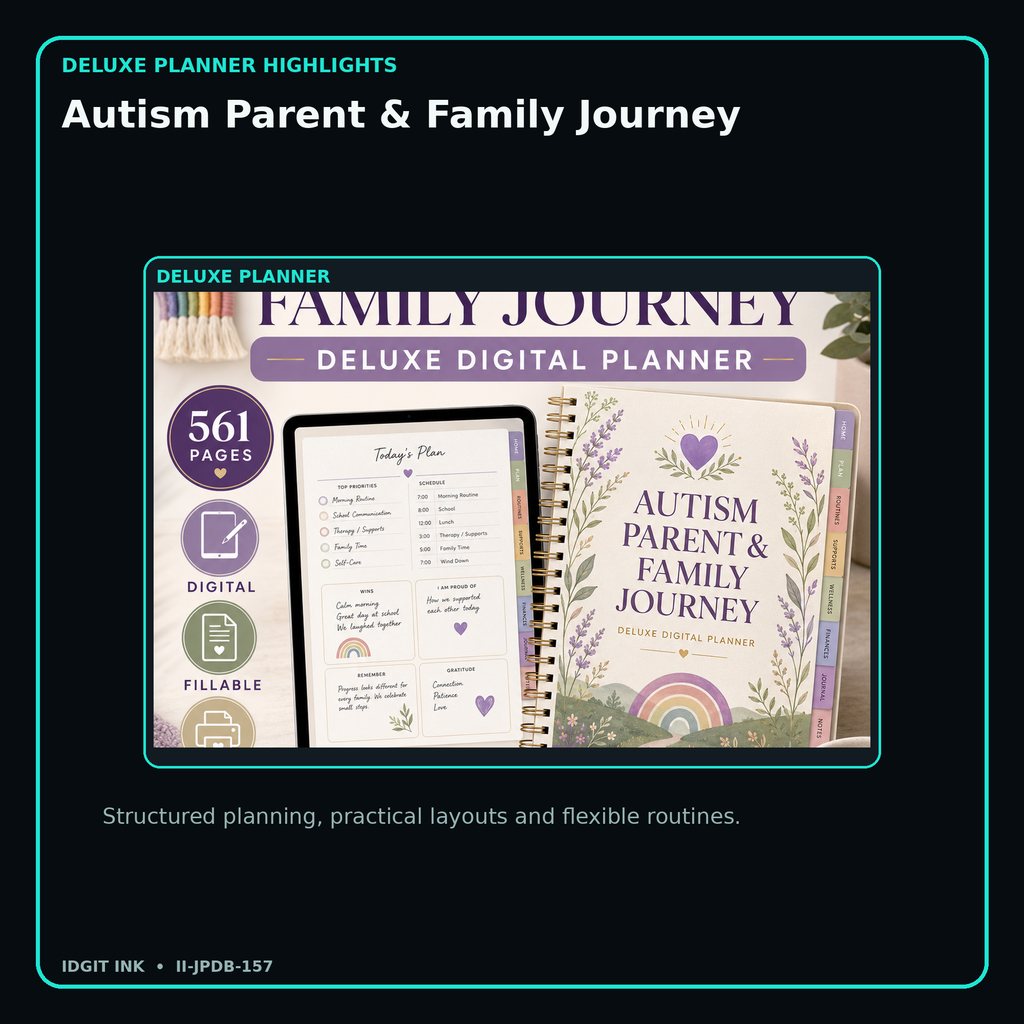 Autism Parent & Family Journey deluxe digital planner features and flexible organization