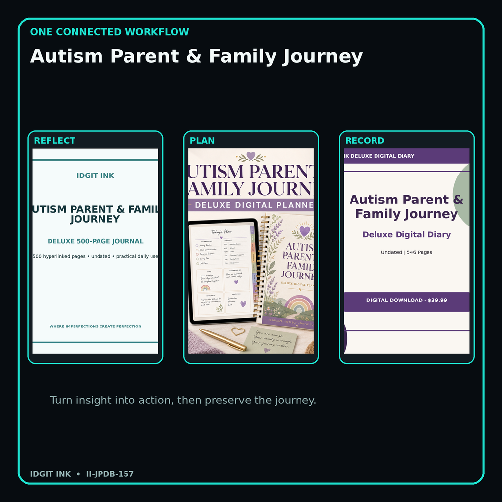 Autism Parent & Family Journey connected journal planner diary workflow and customer benefits