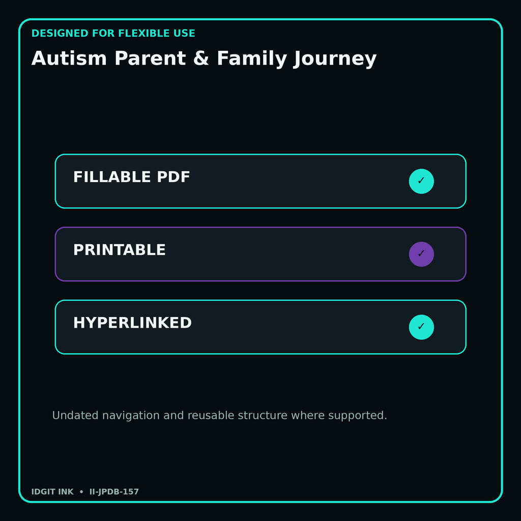 Autism Parent & Family Journey fillable printable and hyperlinked digital features