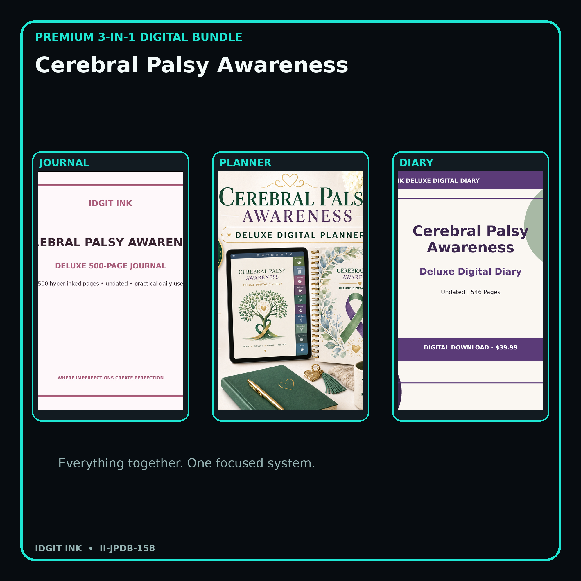 Cerebral Palsy Awareness premium digital journal planner and diary bundle cover