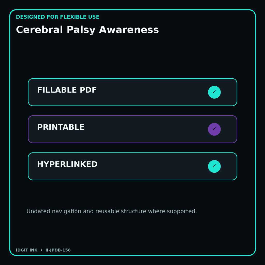 Cerebral Palsy Awareness fillable printable and hyperlinked digital features