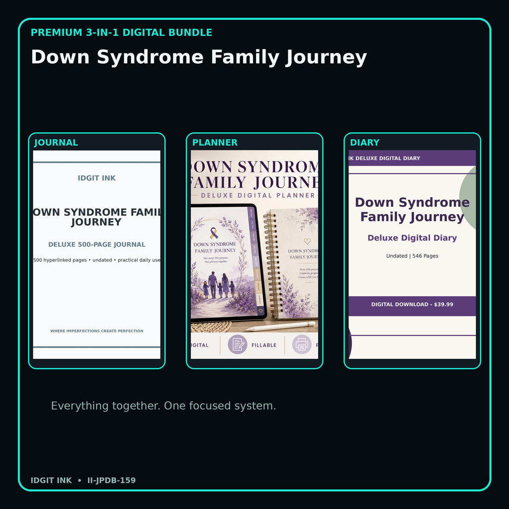 Down Syndrome Family Journey premium digital journal planner and diary bundle cover