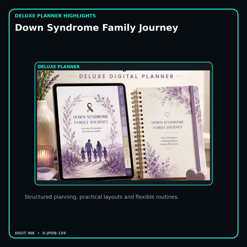 Down Syndrome Family Journey deluxe digital planner features and flexible organization