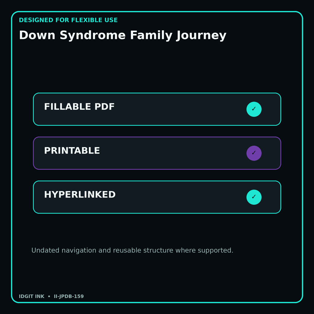 Down Syndrome Family Journey fillable printable and hyperlinked digital features