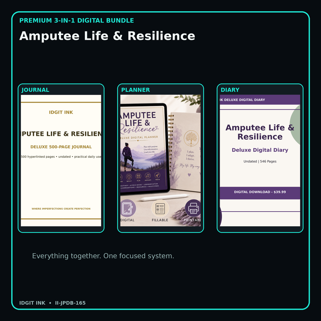 Amputee Life & Resilience premium digital journal planner and diary bundle cover