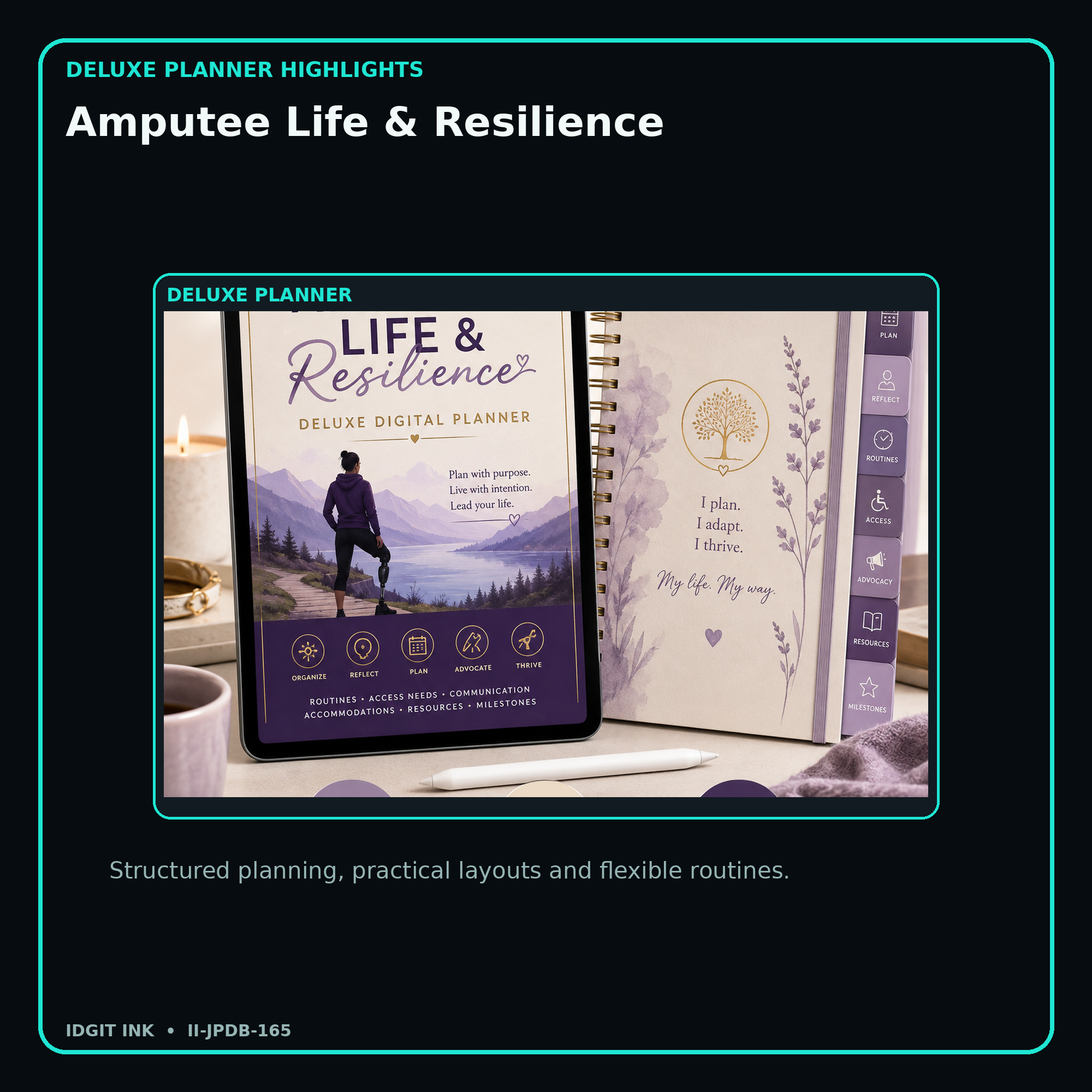 Amputee Life & Resilience deluxe digital planner features and flexible organization