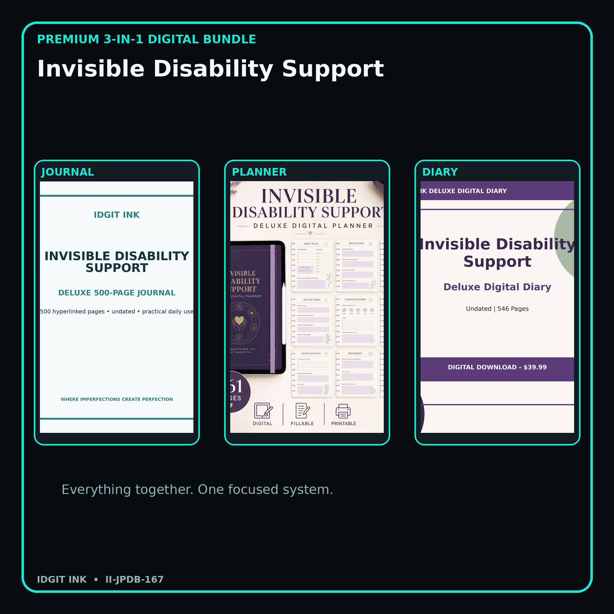 Invisible Disability Support premium digital journal planner and diary bundle cover