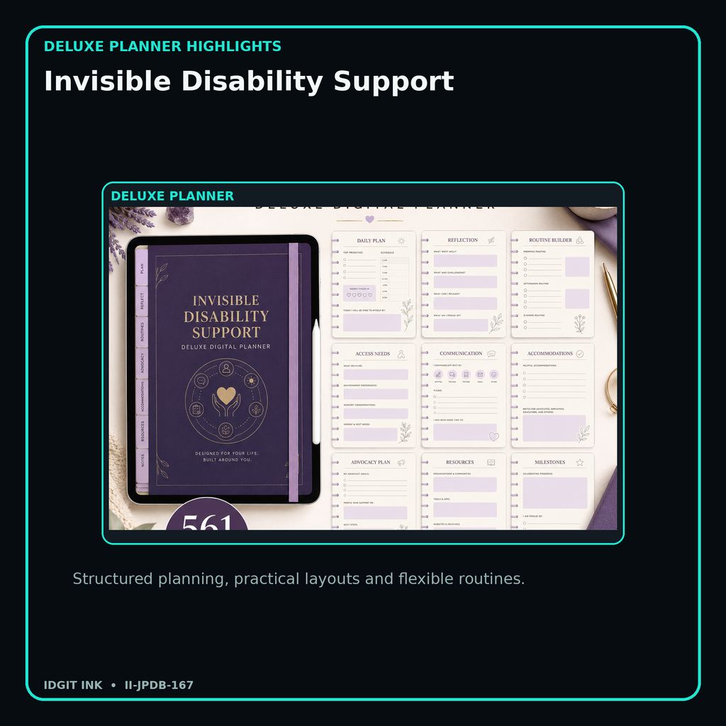 Invisible Disability Support deluxe digital planner features and flexible organization