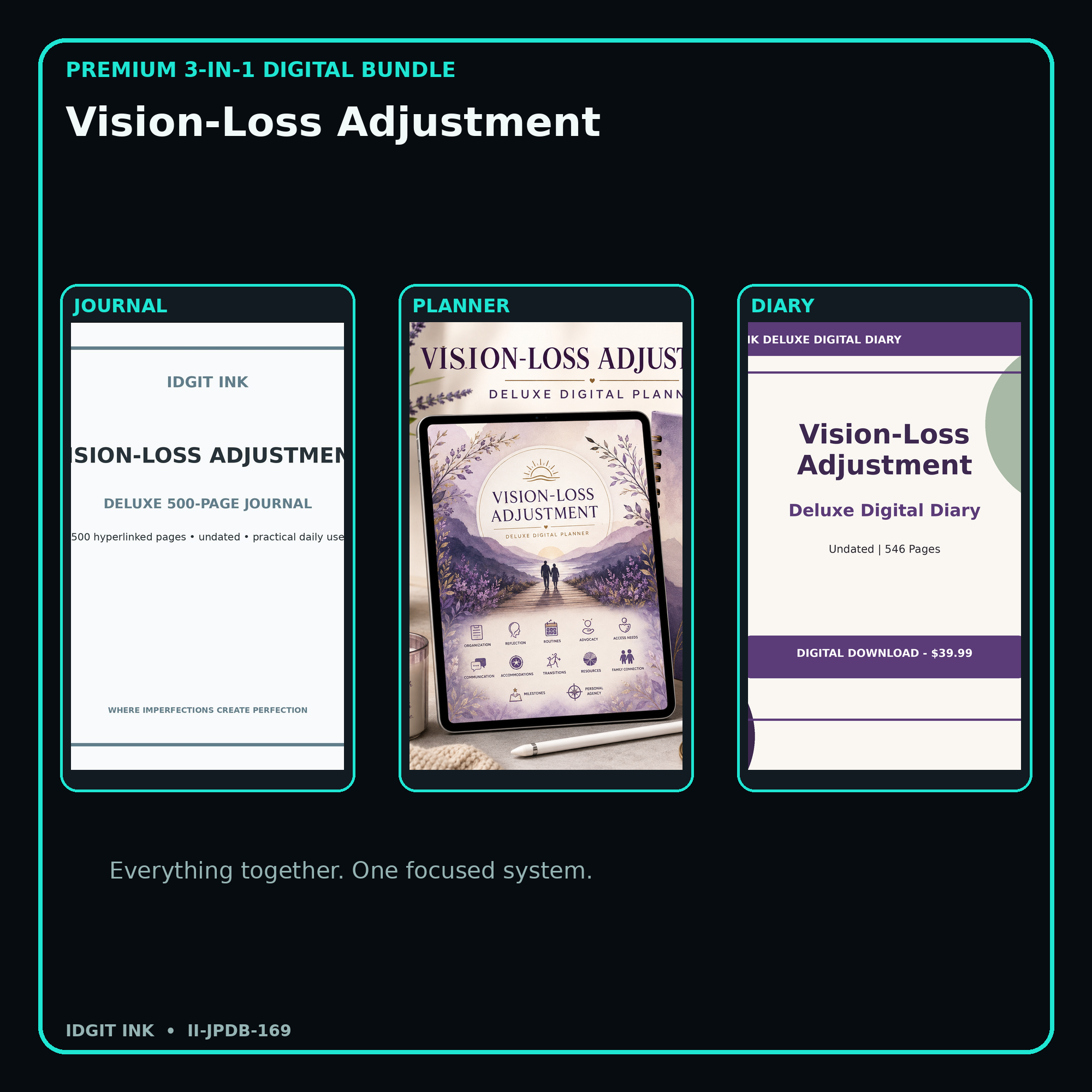 Vision-Loss Adjustment premium digital journal planner and diary bundle cover