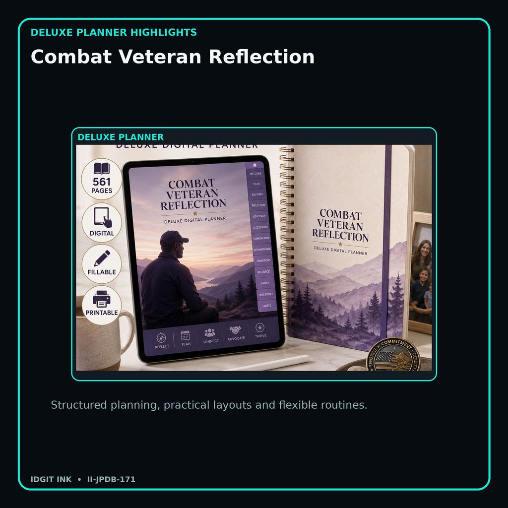 Combat Veteran Reflection deluxe digital planner features and flexible organization
